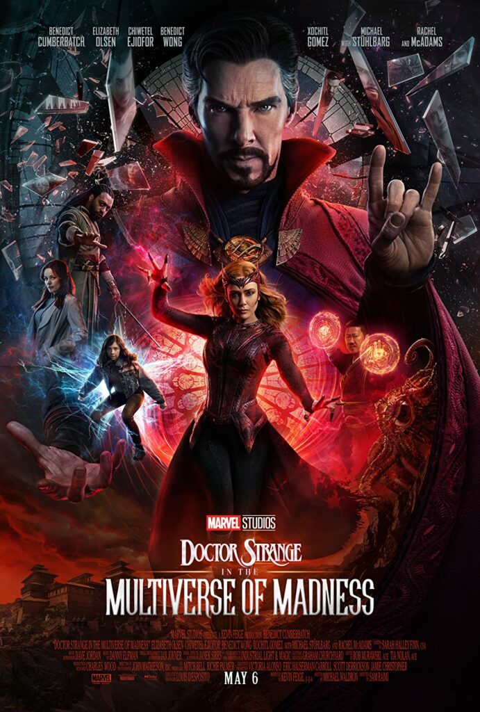 Doctor Strange, the Scarlet Witch and a few other characters from the franchise stand in a red background wielding their powers and wearing their significant costumes. The Witch wears a red dress with he spiky mask and Strange wears his red cape.