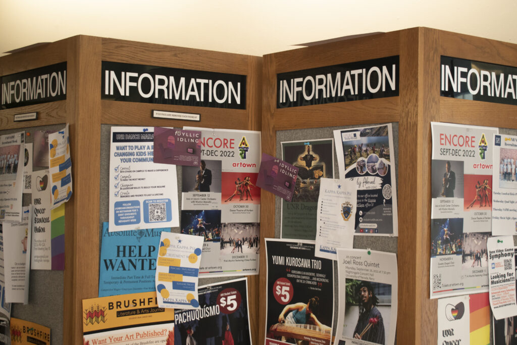 A theater posting board in the Church Fine Arts Building