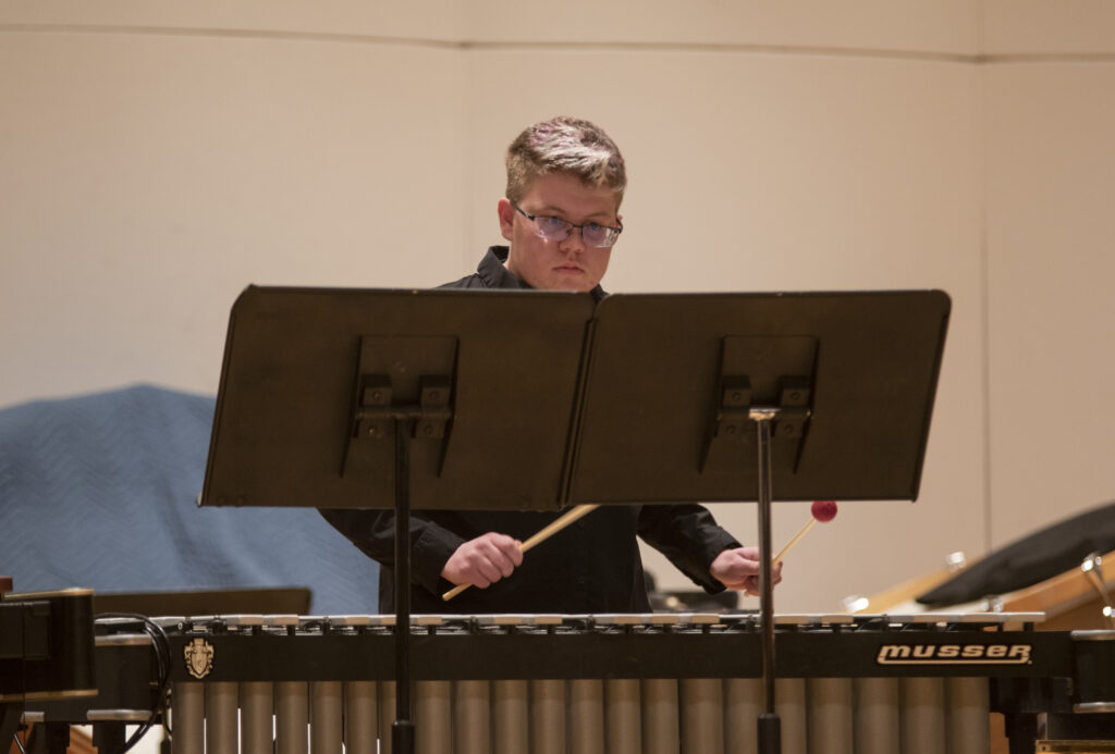 A xylophone player behind a music stand. 