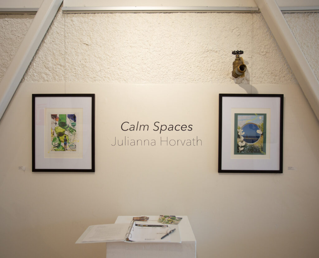 Two framed collages on a gallery wall opposite a visitor log. The wall has the title "Calm Spaces: Juliana Horvath." 