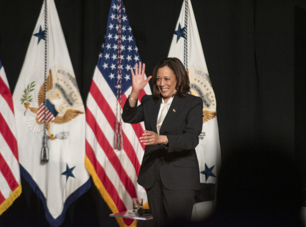 Kamala Harris waves to the audience 