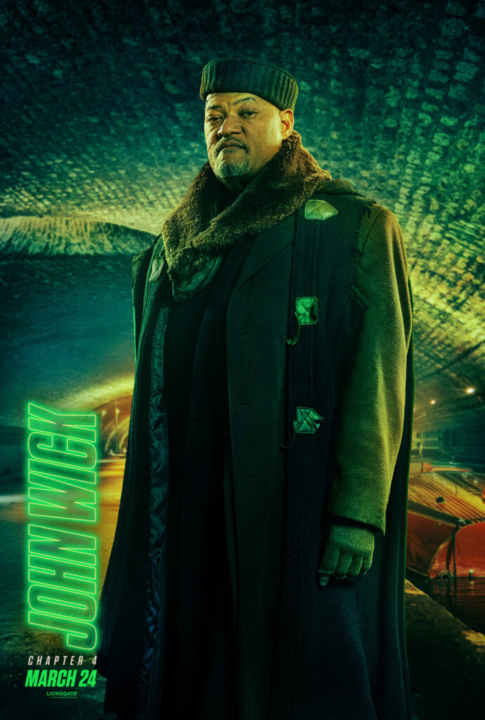 Laurence Fishburne, greenlit, in a rustic costume.