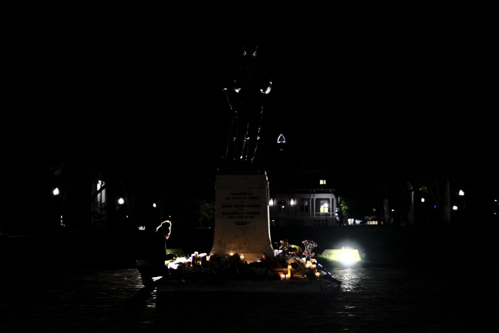 The Jonh Mackay Statue during the vigil for Sky Russell