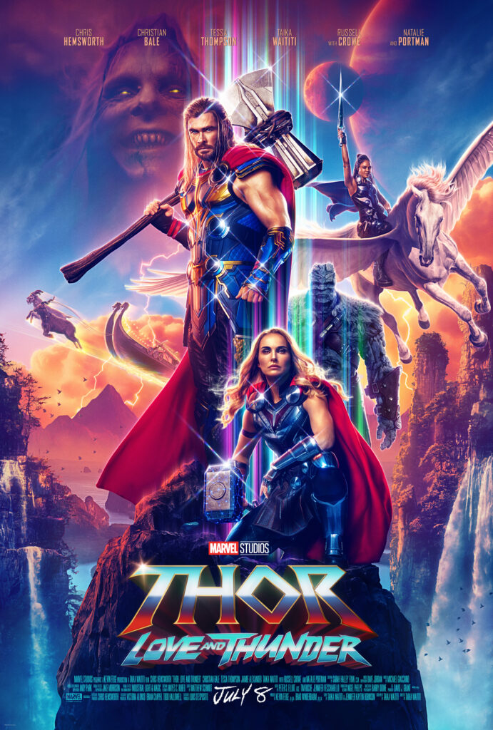 Thor, the Mighty Thor, the killer of Gods, Valkyrie and other characters stand in front of clouds and a magical land with the title below them.