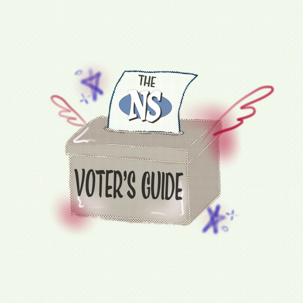 A drawing of a box that says "voter guide" with the Nevada Sagebrush initials on a paper above it with little red wings around it and blue stars.
