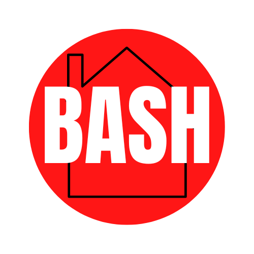 A graphic of a red circle with the words "BASH" overtop