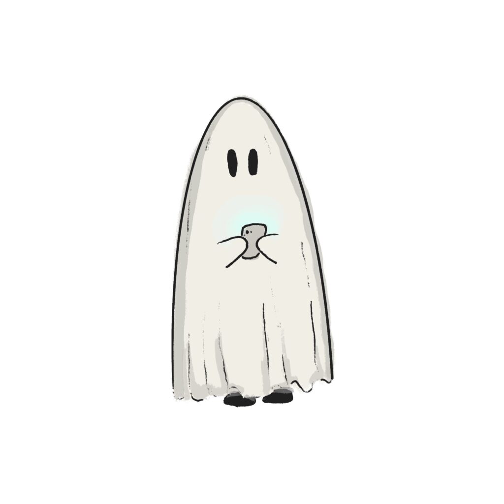 Illustration of a ghost holding a phone
