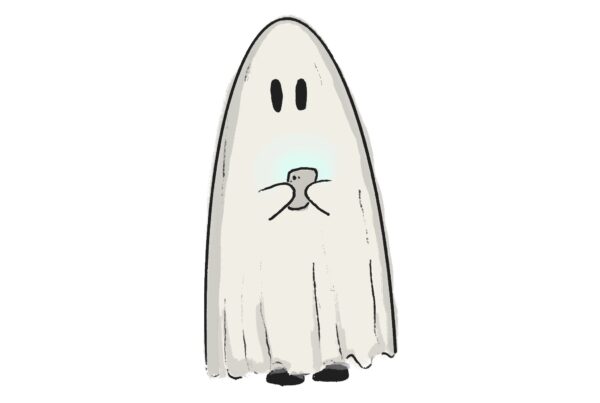 Illustration of a ghost holding a phone