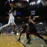 Rachel Jackson / Nevada Sagebrush Blackshear jumps with a ball in his hand