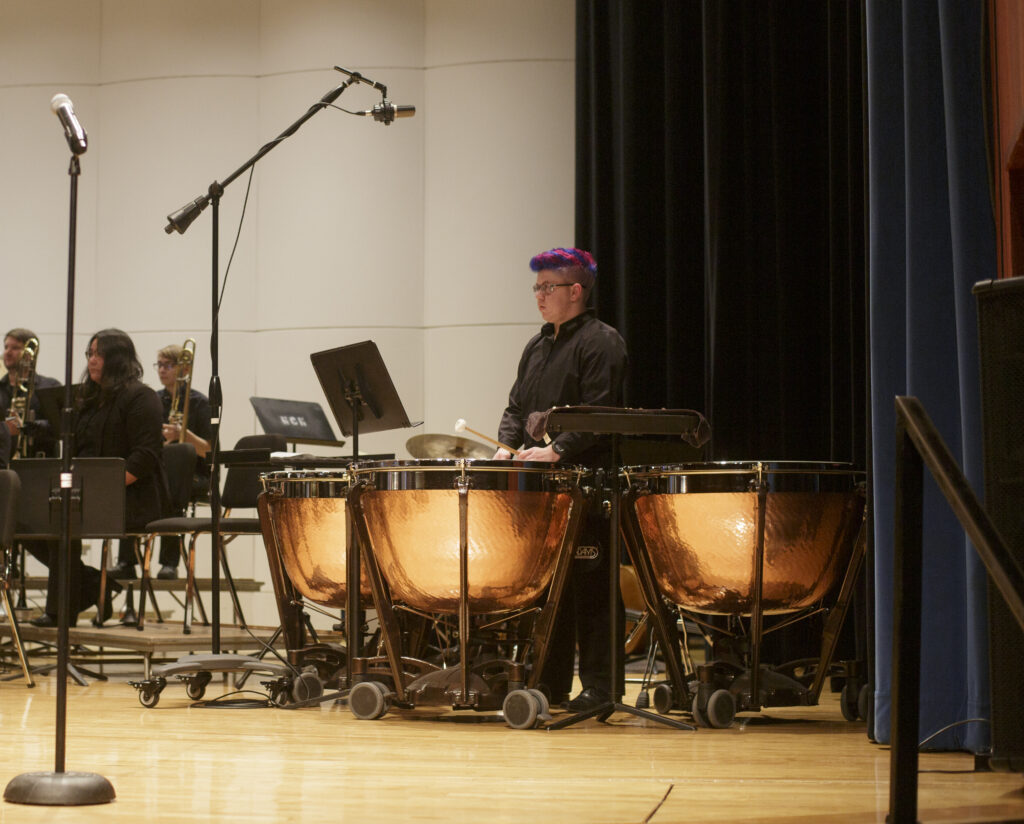 A player stands surrounded by three timpani drums near a concert hall's stage wings.