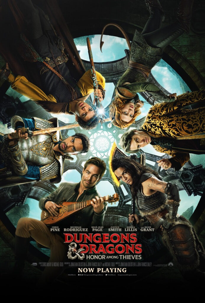A promotional poster for "Dungeons & Dragons: Honor Among Thieves." The ensemble cast is pictured in a circle.