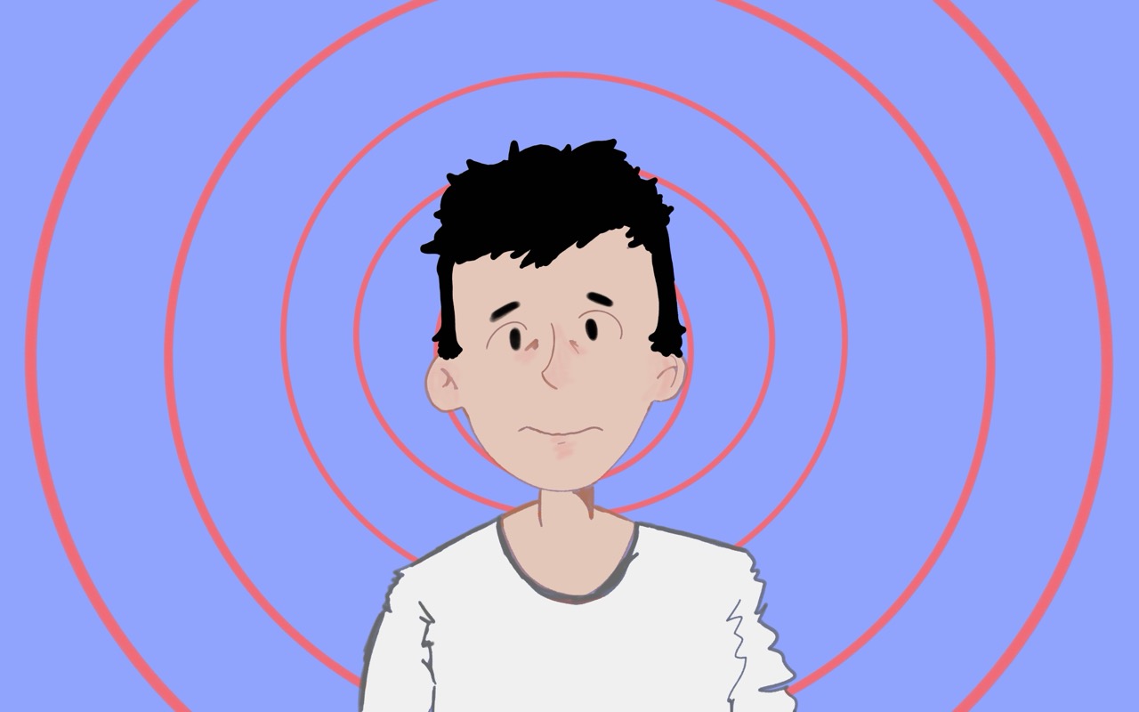 Stressed student in front of a purple and red spiral background