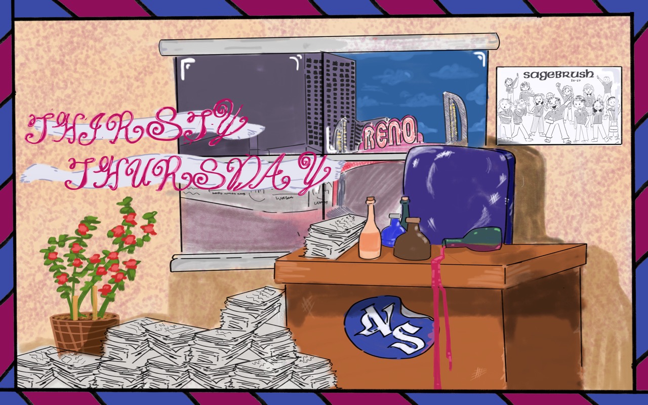 The Thirsty Thursdays Weekly Postcard inside the messy Sagebrush editor's office with the Reno Arch through the window.