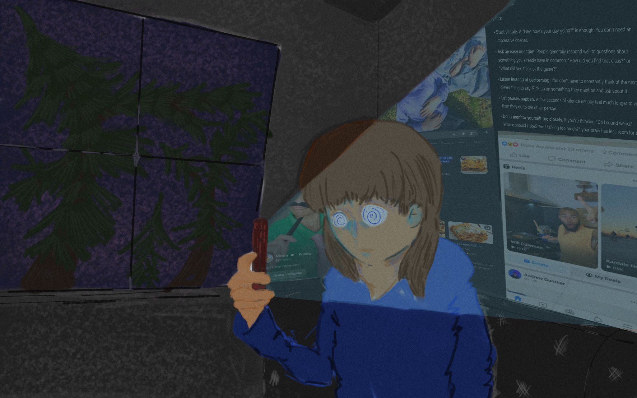 Illustration of isolated woman entranced with her phone.