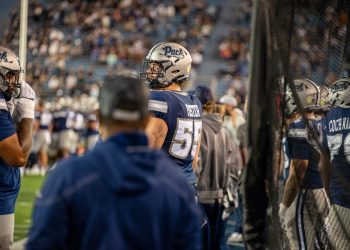 Nevada offensive tackle Jack Foster stares into the distance during a break in the action at Mackay Stadium on Saturday, Sept. 12.