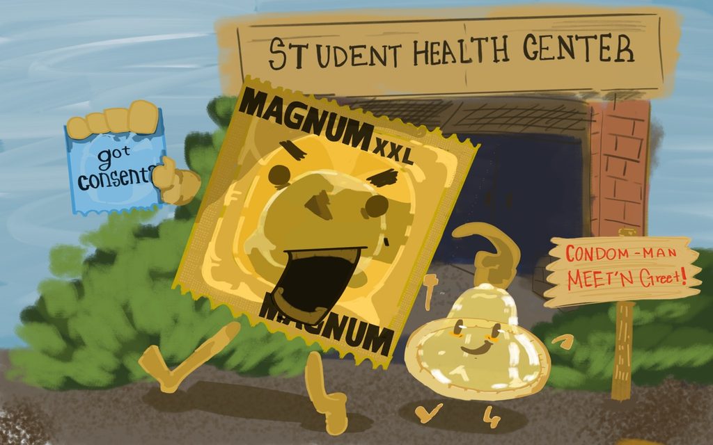 The (very real) condom man offering YOU condoms outside of Nevada's Student Health Center.