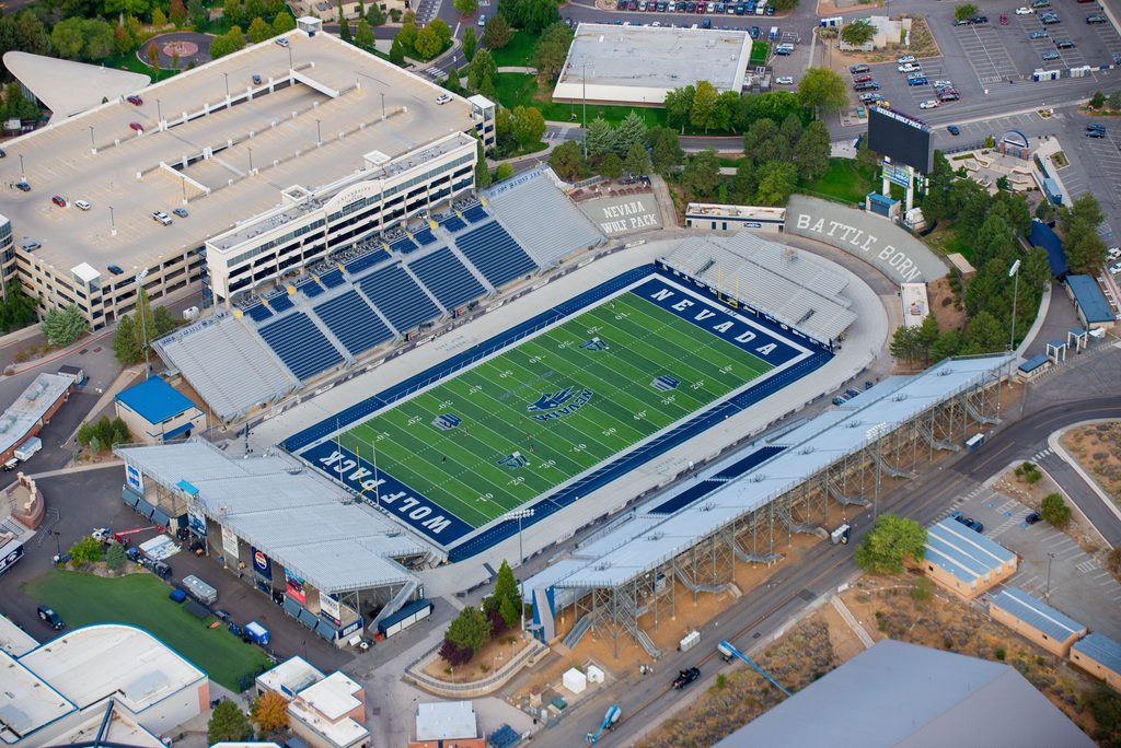 An aerial view of University of Nevada, Reno’s Mackay Stadium taken during the Great Reno Balloon Race on Thursday, Sept. 10. 