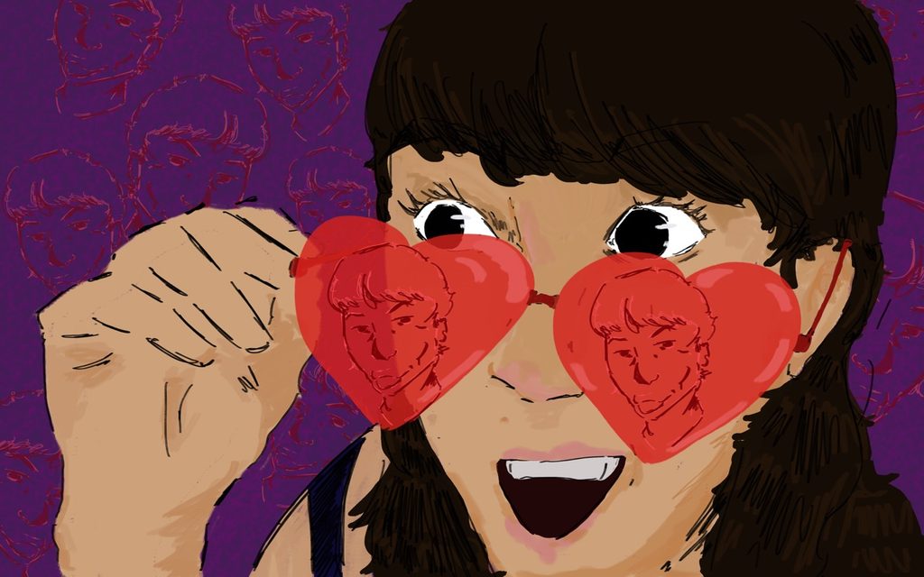 A girl looking at a guy across the bar with hearts in her eyes, and it’s not just the heart-shaped sunglasses.