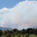 Wildfire smoke above trees and large grass field in Rancho San Rafael park.
