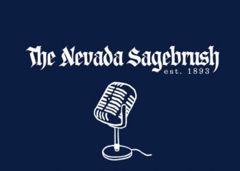 Illustration of a desk mircrophone under The Nevada Sagebrush logo.