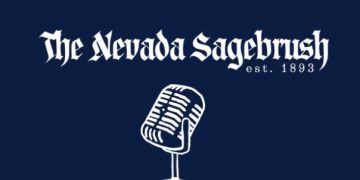 Illustration of a desk mircrophone under The Nevada Sagebrush logo.