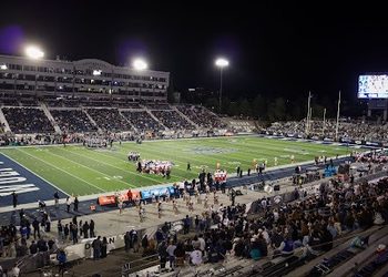 Teams gather for a timeout during the Nevada Football Home Opener on Saturday, Sept. 5.