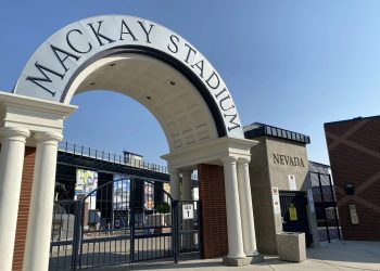Mackay Stadium arch entrance with a black gate