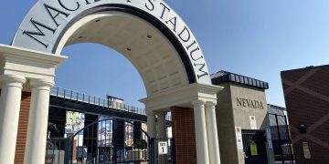 Mackay Stadium arch entrance with a black gate