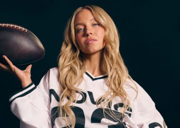 American actress Sydney Sweeney poses in the only fully clothed advert from her Novig advertisement campaign