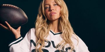 American actress Sydney Sweeney poses in the only fully clothed advert from her Novig advertisement campaign