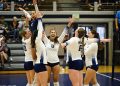 Nevada volleyball celebrates scoring a point against the Miners at Virginia Street Gym on Thursday, Oct.8.