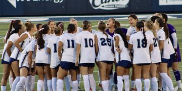 Nevada soccer huddles up prior to their game against Air Force Academy at Mackay Stadium on Sunday, Oct. 18.