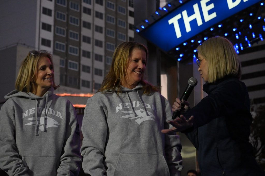 Athletics Director Stephanie Rempe and Reno City Mayor Hilary Schieve speak ahead of the Reno Arch Event.