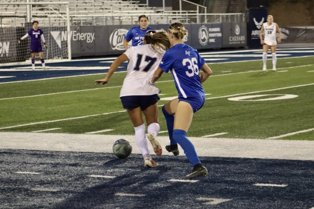 Freshman midfielder Daniela Mayorga-Torres battles for possession of the ball against an Air Force opponent at Mackay Stadium on Sunday, Oct. 18.
