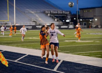 Nevada junior forward Carmen Coronado contests the ball in the air in Nevada's 3-2 win against UTEP at Mackay Stadium on Wednesday, Oct. 28. (Max Alexander/Nevada Sagebrush)