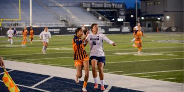 Nevada junior forward Carmen Coronado contests the ball in the air in Nevada's 3-2 win against UTEP at Mackay Stadium on Wednesday, Oct. 28. (Max Alexander/Nevada Sagebrush)