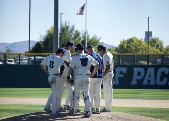 Nevada’s defense gathers at the pitching mound Saturday, Oct. 17.