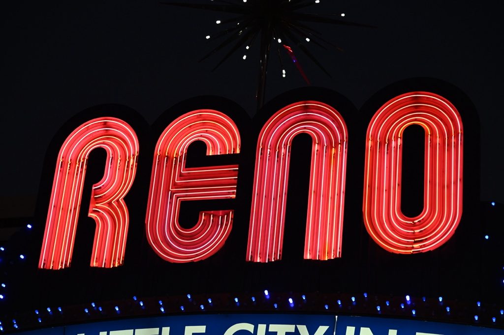 The Reno Arch illuminated.