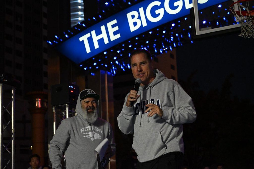 Nevada Women’s Basketball Head Coach, Kelly Sopak greets the crowd .