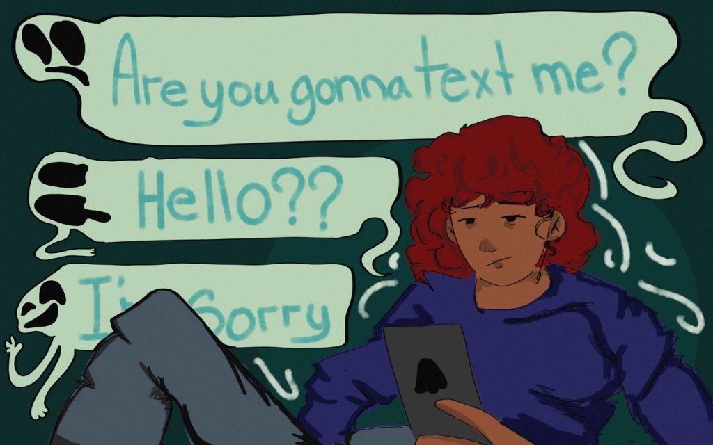 Hen A.C. checks her phone as she is getting actively ghosted.
