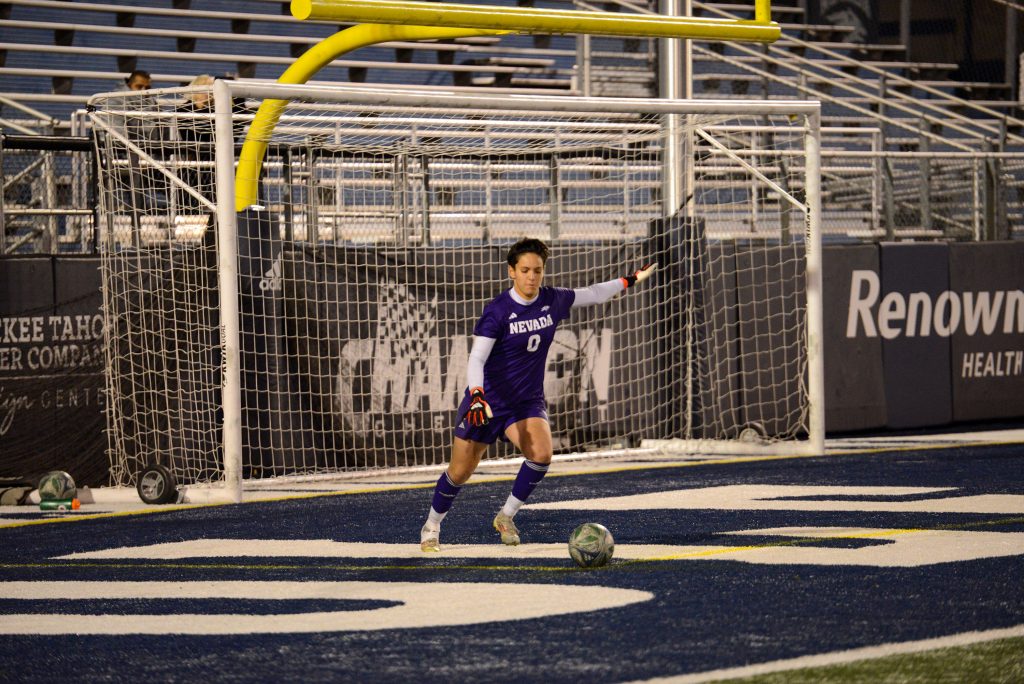 Nevada junior goalkeeper Iyan Hernandez puts the ball back in play in Nevada's 3-2 win against UTEP at Mackay Stadium on Wednesday, Oct. 28. (Max Alexander/Nevada Sagebrush)