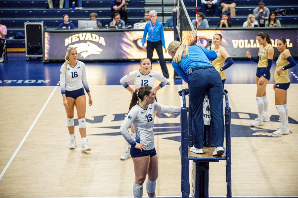 Freshman setter Adriana Dorn (#13) talked to the head referee after a call.