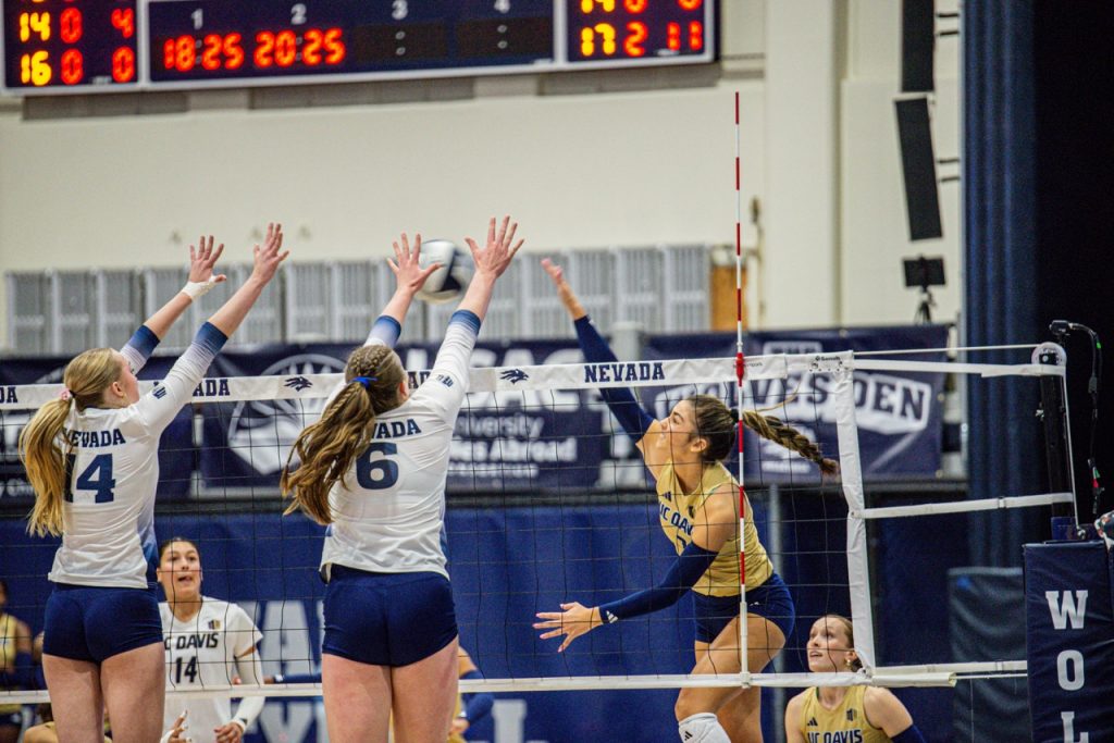 Freshman middle blocker Karly Bonventure (#14) and freshman opposite Madison Long (#16) go up for a double block.