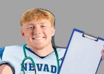Cartoon image of Colson Kermode working as a doctor in his football uniform.
