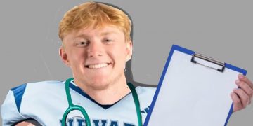 Cartoon image of Colson Kermode working as a doctor in his football uniform.