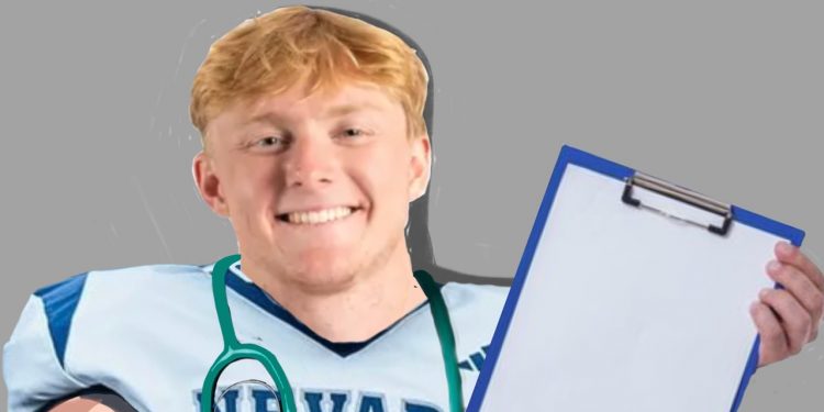 Cartoon image of Colson Kermode working as a doctor in his football uniform.