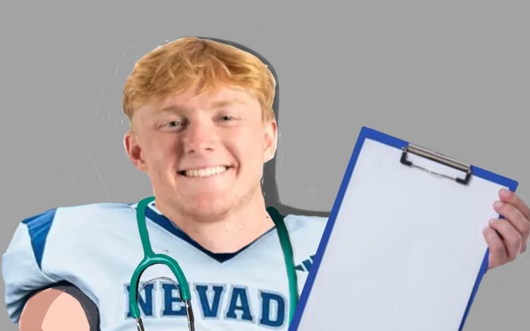 Cartoon image of Colson Kermode working as a doctor in his football uniform.