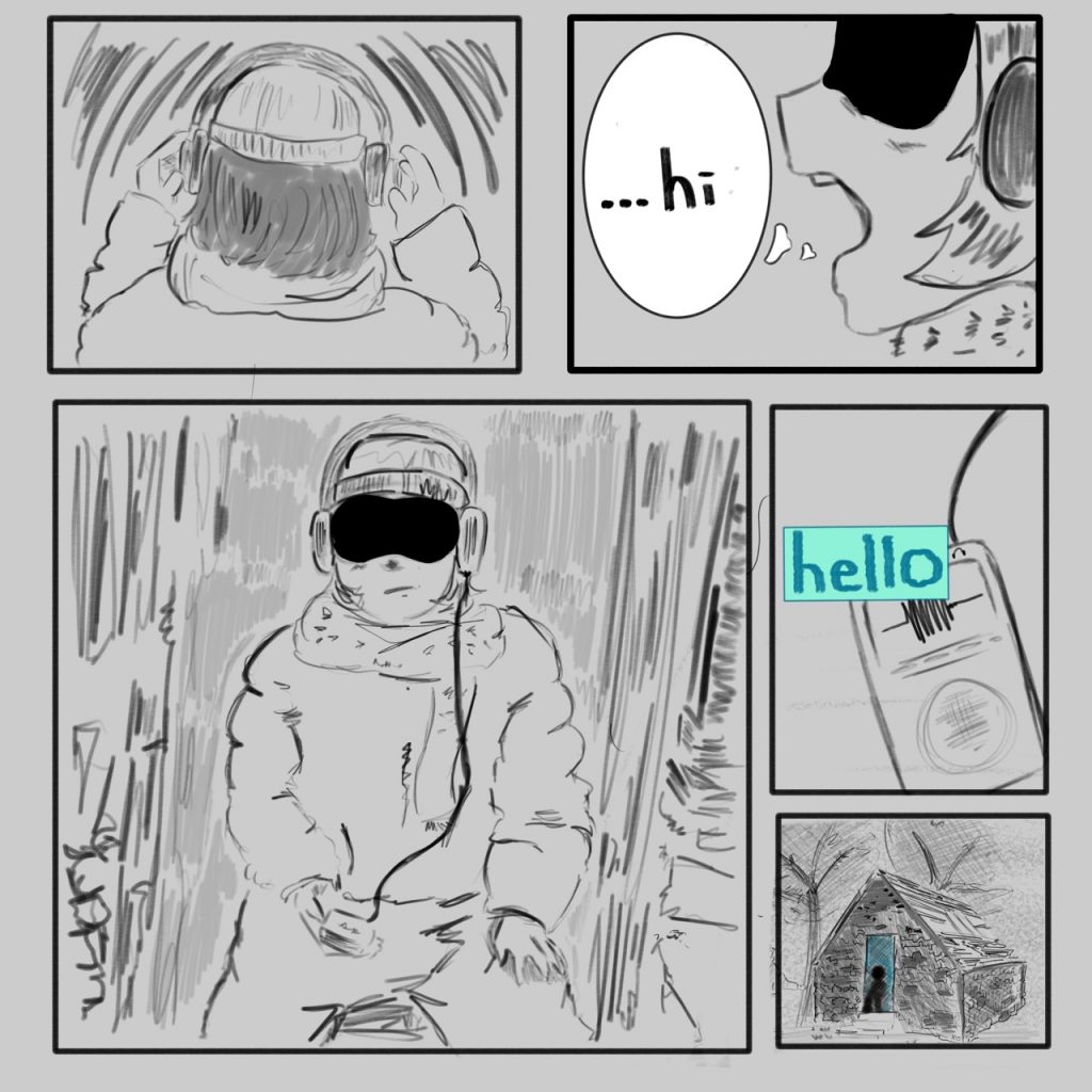 In the last panel, the characters hear a faint whisper "hello".