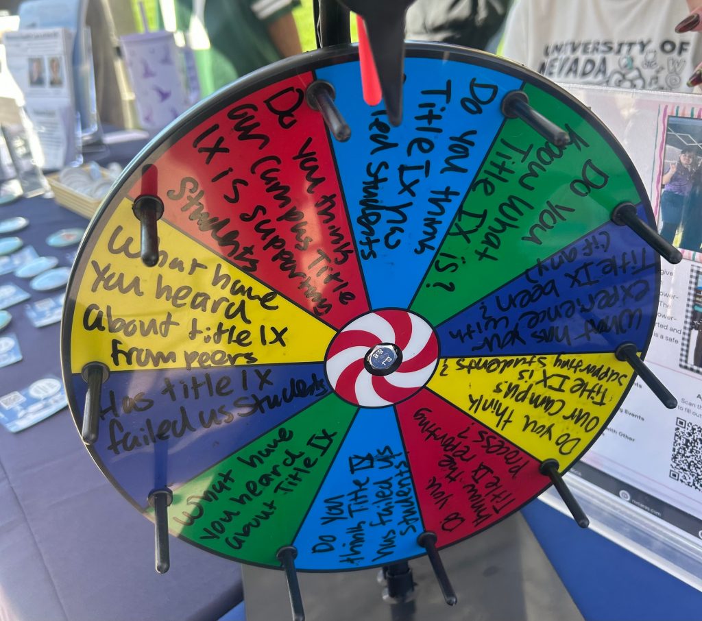 The interactive spinning wheel on the Packtivists table with questions about Title IX. 
