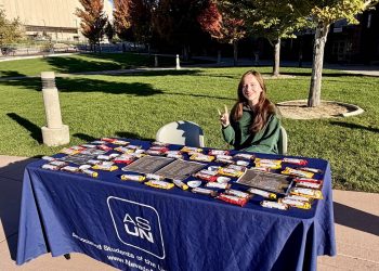 A student sat behind a table with a cloth that reads, "ASUN." She is holding up a wolfpack sign and has candy bars laid out in front of her on the table. She is outside.